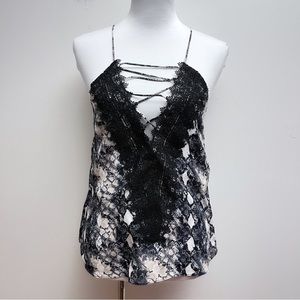 WAYF Black and White Snake Print Corset Black Lace Spaghetti Strap Tank Top NWT